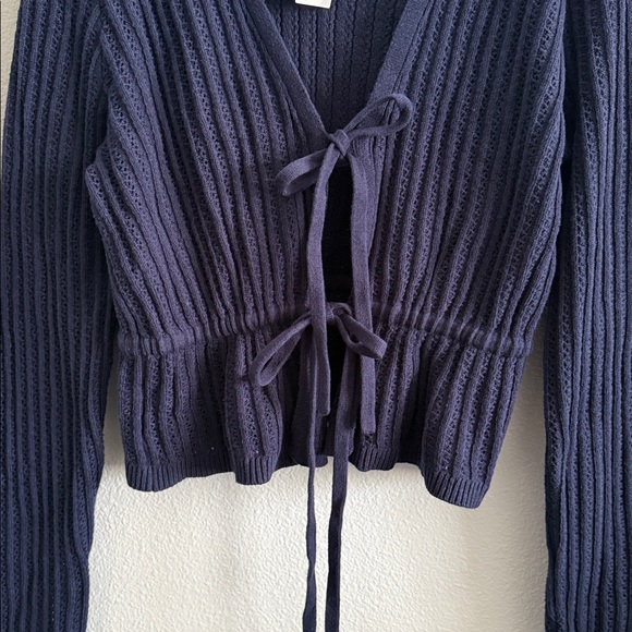 LOFT Ribbed Wrap Tie Cardigan Size L Navy Blue Cotton Blend Sweater - Picture 2 of 7